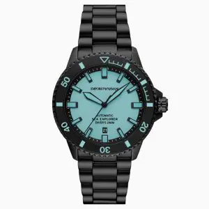 Emporio Armani Men’s Automatic Black Stainless Steel Ice Blue Dial 42mm Watch AR60084