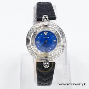Versace Women’s Quartz Swiss Made Black Leather Strap Blue Dial 34mm Watch VE7900220-2