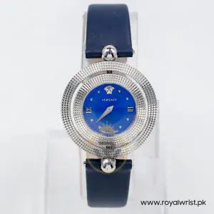 Versace Women’s Quartz Swiss Made Dark Blue Leather Strap Blue Dial 34mm Watch VE7900220-1