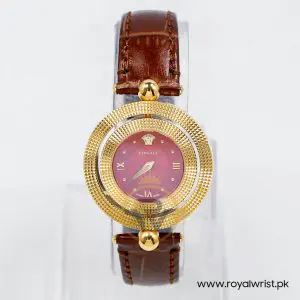 Versace Women’s Quartz Swiss Made Dark Brown Leather Strap Red Dial 34mm Watch VE7901223 (Like New)