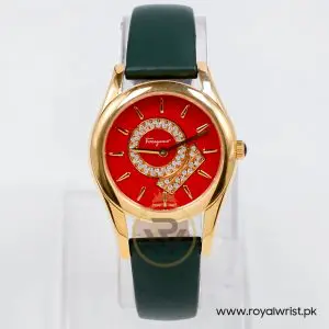 Ferragamo Women's Swiss Made Quartz Dark Green Leather Strap Red Dial 33mm Watch FG4070014