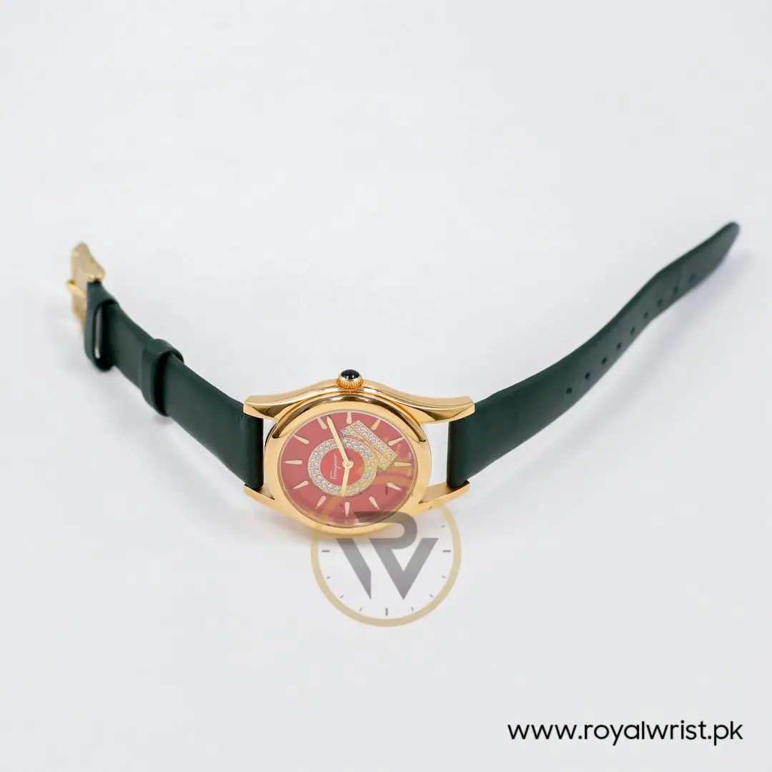 Ferragamo Women's Swiss Made Quartz Dark Green Leather Strap Red Dial 33mm Watch FG4070014