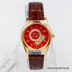Ferragamo Women's Swiss Made Quartz Dark Brown Leather Strap Red Dial 33mm Watch FG4070014-1
