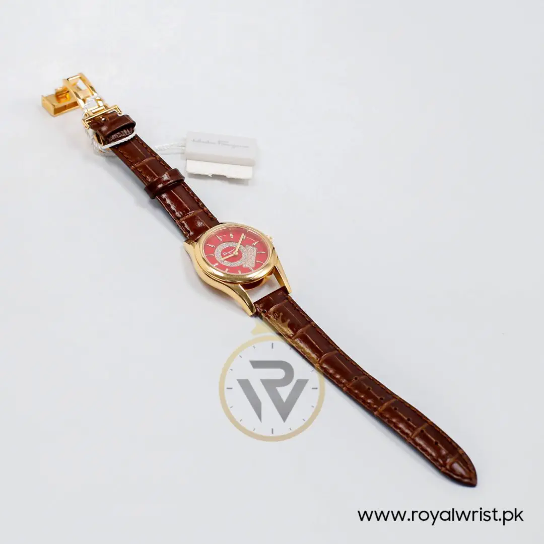 Ferragamo Women's Swiss Made Quartz Dark Brown Leather Strap Red Dial 33mm Watch FG4070014-1
