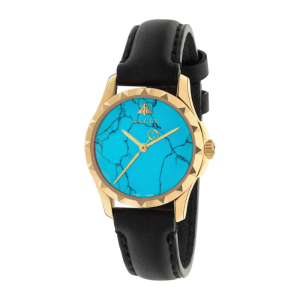 Gucci Women's Swiss Made Quartz Black Leather Strap Turquoise Blue Dial 27mm Watch YA126554