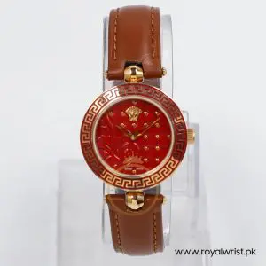 Versace Women’s Quartz Swiss Made Brown Leather Strap Red Dial 30mm Watch VK7050013-1 (Like New)