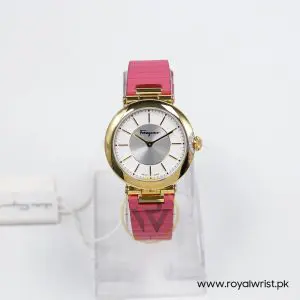 Ferragamo Women's Swiss Made Quartz Pink Leather Strap Silver & White Dial 36mm Watch FIN030015 (Like New)