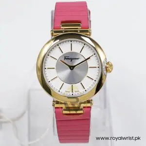 Ferragamo Women's Swiss Made Quartz Pink Leather Strap Silver & White Dial 36mm Watch FIN030015 (Like New)