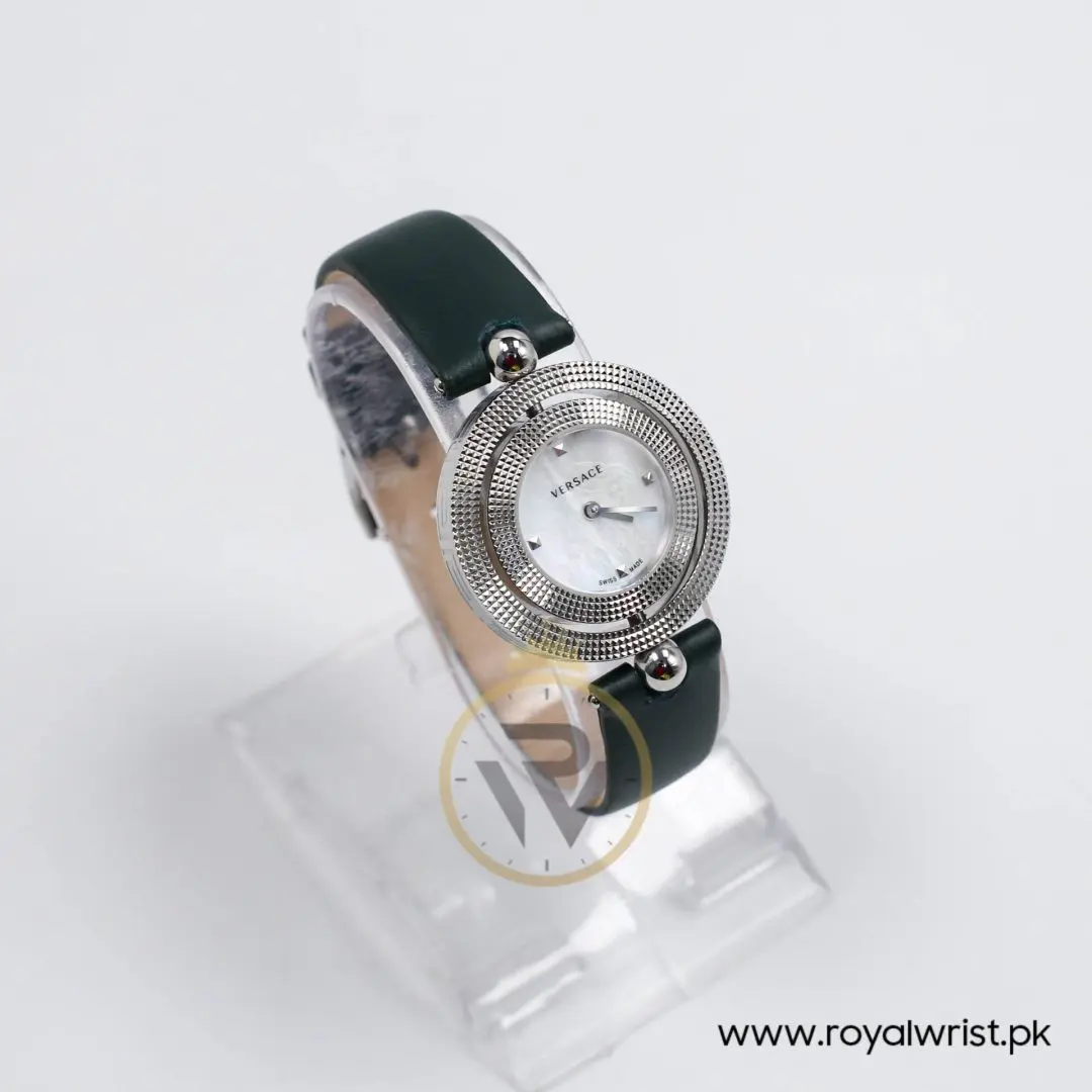 Versace Women’s Quartz Swiss Made Dark Green Leather Strap Mother Of Pearl Dial 34mm Watch P417544-1 (Like New)