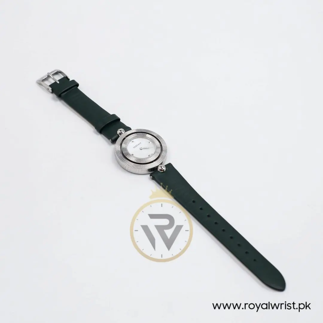 Versace Women’s Quartz Swiss Made Dark Green Leather Strap Mother Of Pearl Dial 34mm Watch P417544-1 (Like New)