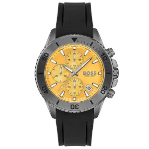 Hugo Boss Men’s Chronograph Quartz Black Silicone Strap Yellow Dial 45mm Watch 1513968