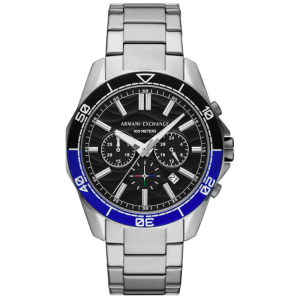 Armani Exchange Men’s Chronograph Quartz Silver Stainless Steel Black Dial 44mm Watch AX7166