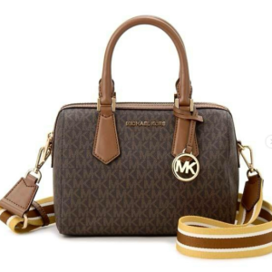 Michael Kors Brown Logo Print Signature Duffle Satchel Bag with Webbing Strap (Size: W:32cm H:21cm D:18cm) 35S4GTFS6B