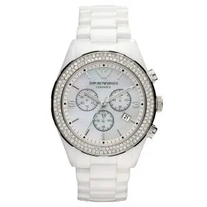 Emporio Armani Women’s Chronograph Quartz White Ceramic Chain Mother Of Pearl Dial 43mm Watch AR1456