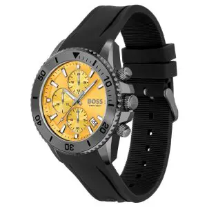 Hugo Boss Men’s Chronograph Quartz Black Silicone Strap Yellow Dial 45mm Watch 1513968