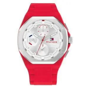 Tommy Hilfiger Men’s Quartz Red Silicone Strap Silver Dial 44mm Watch 1792123