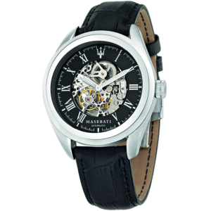 Maserati Men’s Automatic Black Leather Strap Black Skeleton Dial 45mm Watch R8871612001