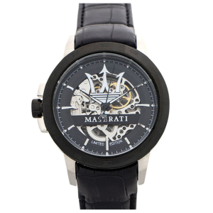 Maserati Men’s Automatic Black Leather Strap Black Skeleton Dial 45mm Watch R8821119007