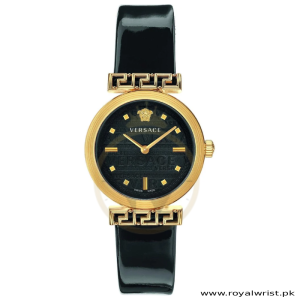 Versace Women’s Quartz Swiss Made Black Leather Strap Black Dial 34mm Watch VELW00420