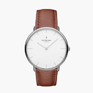 Nordgreen Unisex Quartz Brown Leather Strap White Dial 40mm Watch NR40SILEBRXX (Like New)