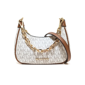 Michael Kors Women Cora Mini Brown Signature Pvc Zip Pouchette Crossbody Handbag Purse Vanilla (Size: W:19cm H:11cm D:5cm) 100822