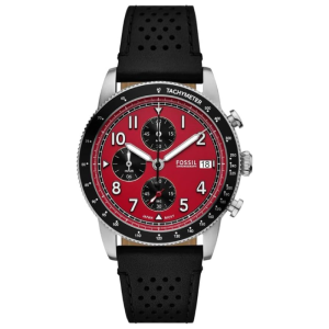 Fossil Men’s Chronograph Quartz Black Leather Strap Red Dial 42mm Watch FS6086 (Without Tag)