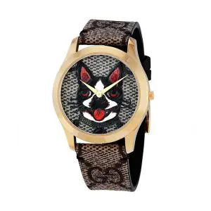 Gucci Unisex Quartz Swiss Made Brown Leather Strap Dog Motif Multi Color Dial 38mm Watch YA1264057 (Without Tag)