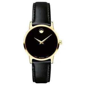 Movado Women’s Swiss Made Quartz Black Leather Strap Black Dial 28mm Watch 0607319 (Like New)