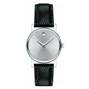 Movado Women’s Swiss Made Quartz Black Leather Strap Silver Dial 26mm Watch 2100003 (Factory Leftover - Without Tag)