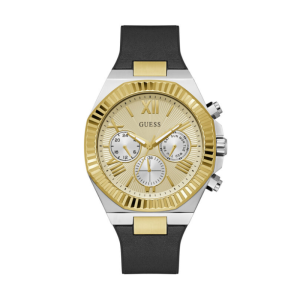 Guess Men’s Quartz Black Silicone & Leather Strap Gold Dial 44mm Watch GW0791G1