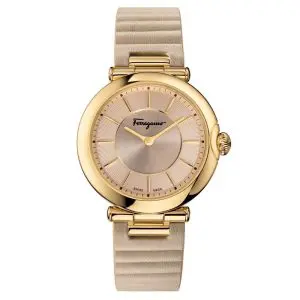 Ferragamo Women's Swiss Made Quartz Beige Leather Strap Beige Dial 36mm Watch FIN020015 (Without Tag)