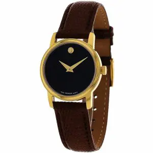Movado Museum Women's Quartz Swiss Made Dark Brown Leather Strap Black Dial 27mm Watch 2100006/1 (Like New)
