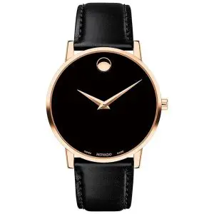 Movado Men’s Quartz Swiss Made Black Leather Strap Black Dial 40mm Watch 0607315 (Like New)