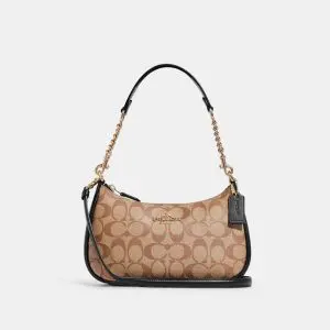 Coach Teri Shoulder Bag In Signature Canvas in Khaki/Black (Size: L 25.4cm, H 17.8cm, W 10.8cm) CA548