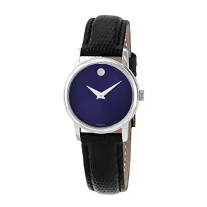 Movado Women’s Quartz Swiss Made Black Leather Strap Blue Dial 27mm Watch 2100010 (Without Tag)