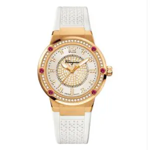 Ferragamo Women's Swiss Made Quartz White Silicone Strap Silver Pave Dial 33mm Watch FIG130015 (Without Tag)