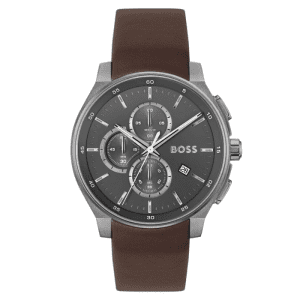 Hugo Boss Men’s Chronograph Quartz Brown Leather Strap Grey Dial 44mm Watch 1514187