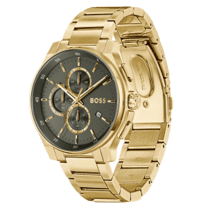 Hugo Boss Men’s Chronograph Quartz Gold Stainless Steel Olive Green Dial 44mm Watch 1514190