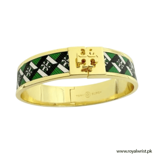 Tory Burch Leather Inlay Hinged Bangle Bracelet in Green TB49410