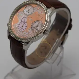 Alternative view of Elle Women’s Quartz Dark Brown Leather Strap Peach & Mother Of Pearl Dial 45mm (Three-Time Zone) Watch EL20070S03C (Like New)