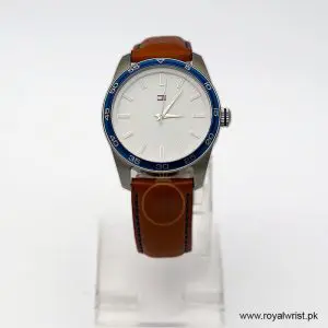 Tommy Hilfiger Men’s Quartz Brown Leather Strap White Dial 42mm Watch 1790928/3 Like New
