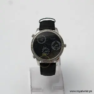 Elle Women’s Quartz Black Leather Strap Black Mother Of Pearl Dial 45mm (Three-Time Zone) Watch EL20070S02C/1 (Like New)