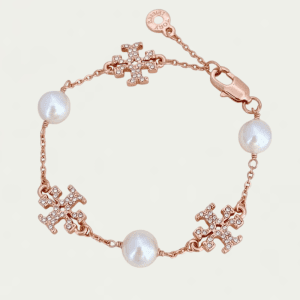 Tory Burch Women’s Rhinestone Pearl Rose Gold-Tone Crystal & Pearl Bracelet TB9835-1