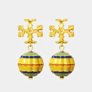 Tory Burch Women's Roxanne Small Drop Earrings Gold Logo Multi-Color Enamel Beads TB88571