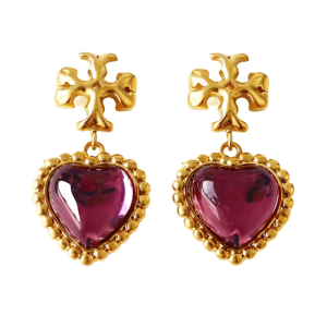 | Attribute | Details | | ---------------- | ---------------------------------------------------------------------- | | **Brand** | Tory Burch | | **Product Name** | Roxanne Heart Drop Earrings | | **Type** | Drop Earrings | | **Material** | Gold-tone metal with glass pendants | | **Design** | Heart-shaped purple glass drop with signature Roxanne style | | **Color** | Gold with purple heart accents | | **Style** | Elegant, Romantic, Designer Jewelry | | **Occasion** | Party wear, gifting, festive events, casual luxury | | **Closure** | Post back / Push back (standard) | | **Target** | Women | | **Key Feature** | Eye-catching purple glass heart pendants with premium gold-tone finish | | **Condition** | Pre-owned / Export leftover (if applicable) |