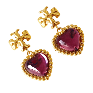 Alternative view of Tory Burch Roxanne Heart Drop Gold Tone Hardware With Purple Glass Heart Pendant Earrings TB8399