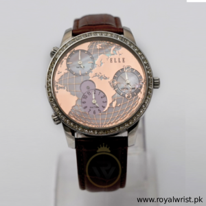 Elle Women’s Quartz Dark Brown Leather Strap Peach & Mother Of Pearl Dial 45mm (Three-Time Zone) Watch EL20070S03C (Like New)