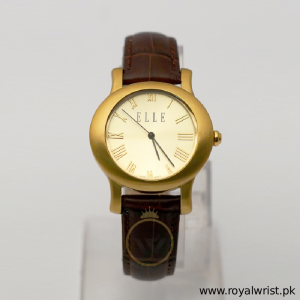 Elle Women’s Quartz Dark Brown Leather Strap Champagne Dial 38mm Watch EL20030S04N (Like New)