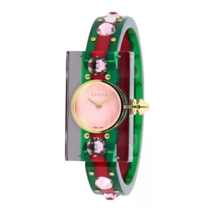 Gucci Vintage Web Plexiglas Women's Swiss Made Quartz Multi-Color Bangle Pink Mother of Pearl Dial 24mm Watch YA143525 (Like New)
