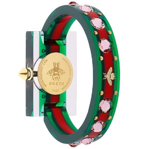 Gucci Vintage Web Plexiglas Women's Swiss Made Quartz Multi-Color Bangle Pink Mother of Pearl Dial 24mm Watch YA143525 (Like New)